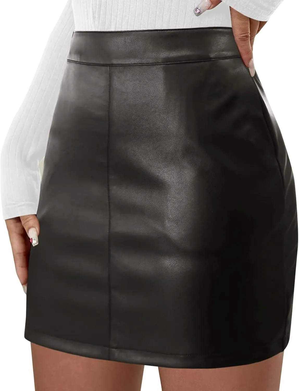 Women's Comfortable Fashion Basic High Waist Faux Leather Bodycon Mini Pencil Skirt Dorm Bed Skirt