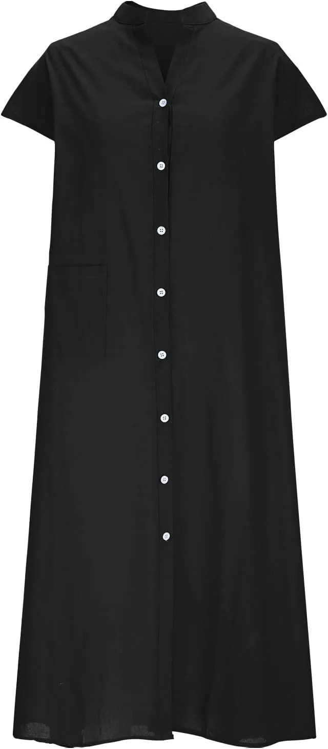 Women's Cotton Linen Dress Casual Button Up Cap Sleeve Loose Fit Long Dress Summer Fashion Comfort Lounge Sundress