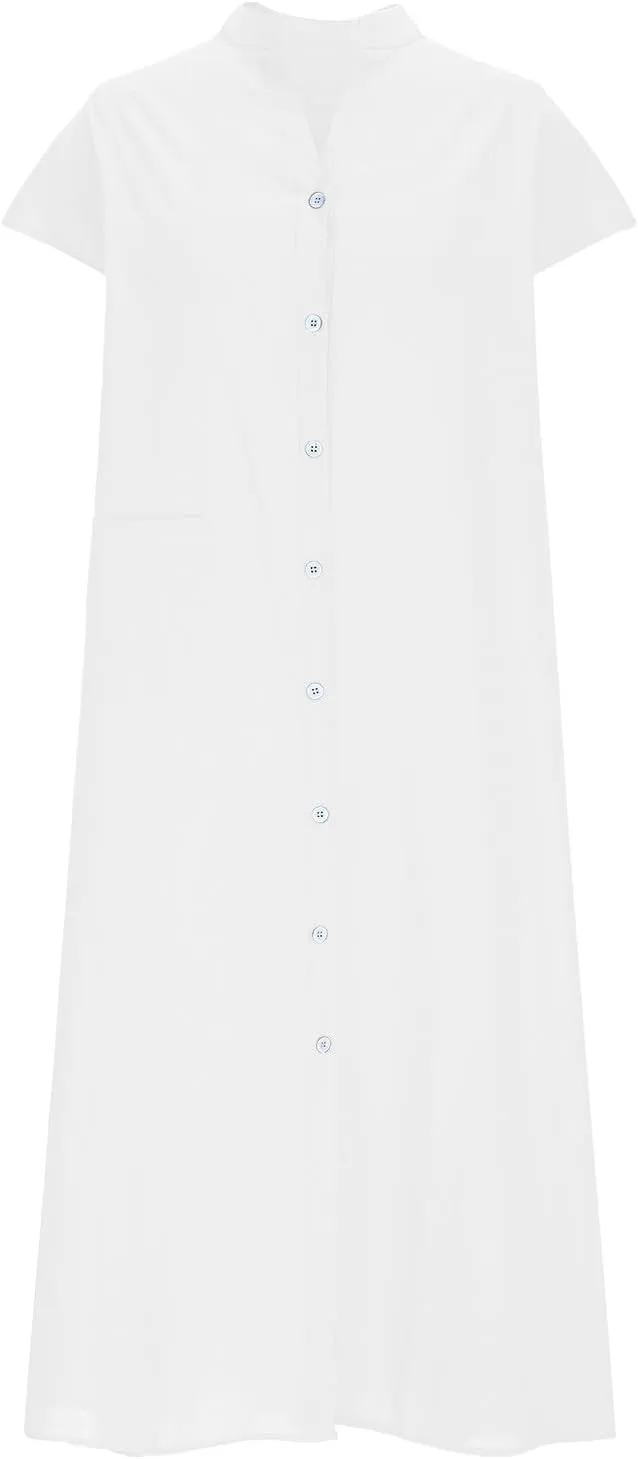 Women's Cotton Linen Dress Casual Button Up Cap Sleeve Loose Fit Long Dress Summer Fashion Comfort Lounge Sundress
