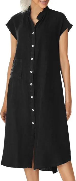 Women's Cotton Linen Dress Casual Button Up Cap Sleeve Loose Fit Long Dress Summer Fashion Comfort Lounge Sundress
