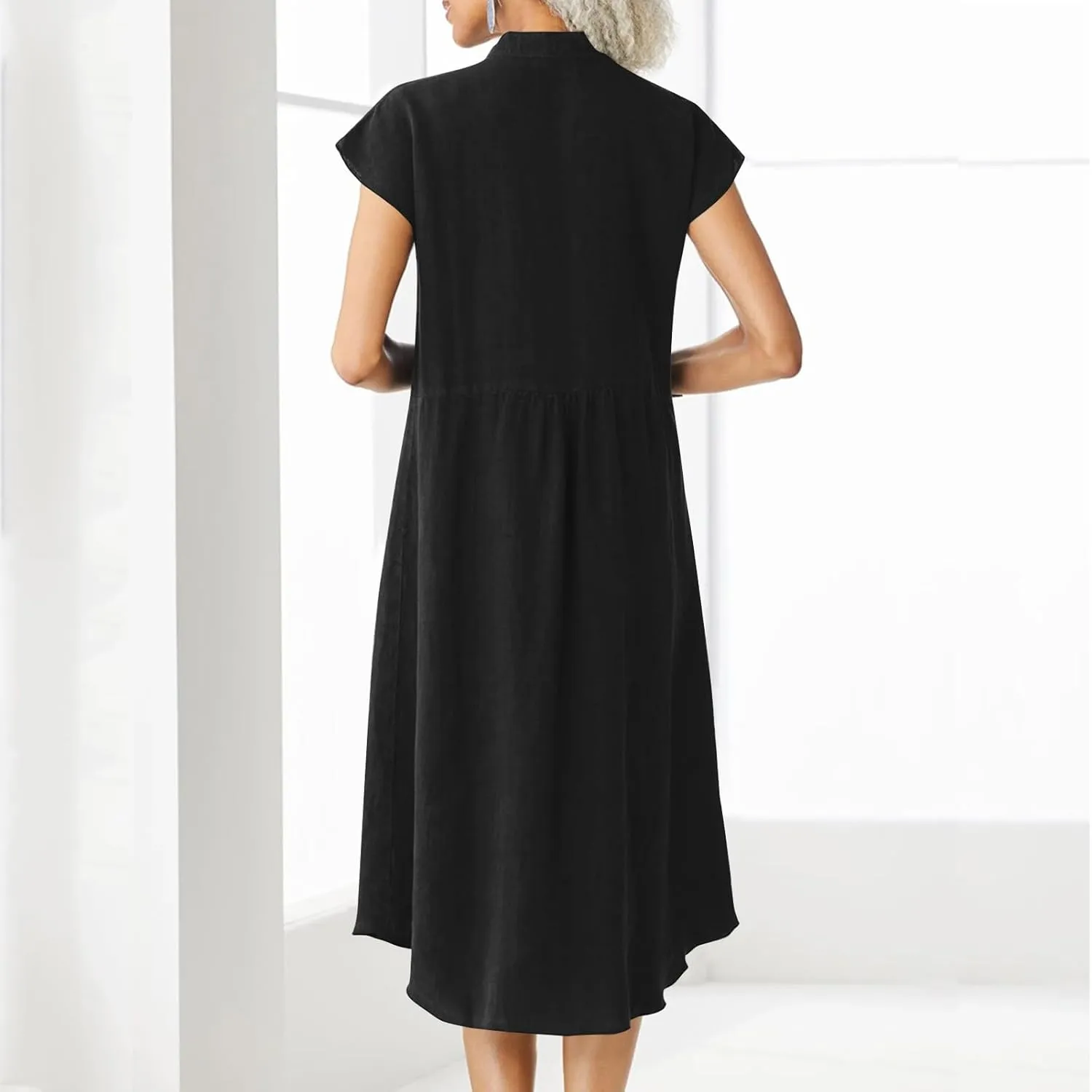 Women's Cotton Linen Dress Casual Button Up Cap Sleeve Loose Fit Long Dress Summer Fashion Comfort Lounge Sundress