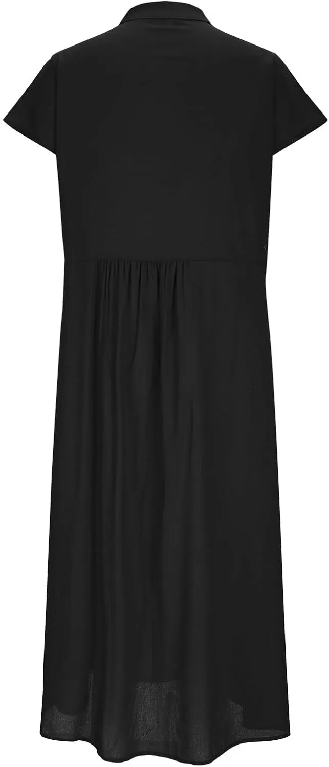 Women's Cotton Linen Dress Casual Button Up Cap Sleeve Loose Fit Long Dress Summer Fashion Comfort Lounge Sundress