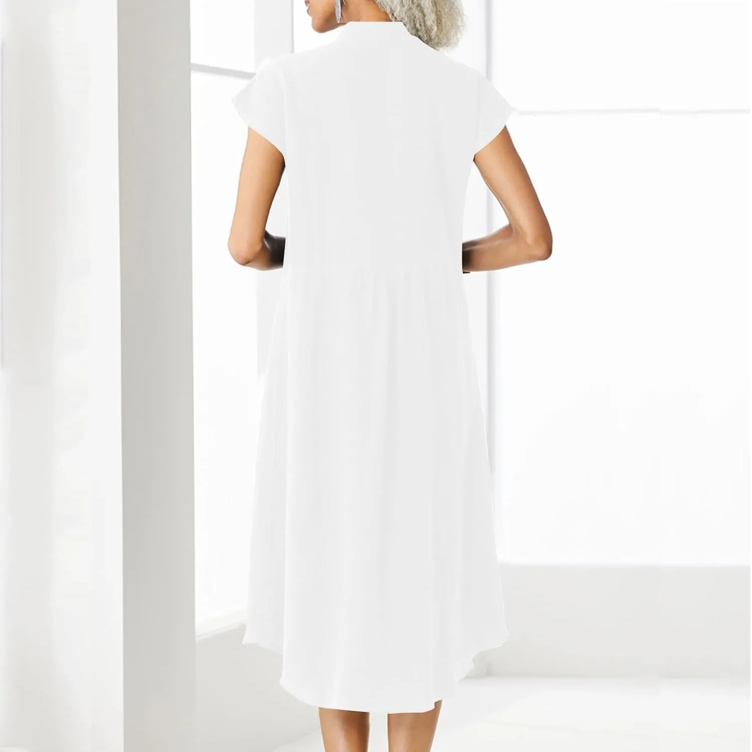 Women's Cotton Linen Dress Casual Button Up Cap Sleeve Loose Fit Long Dress Summer Fashion Comfort Lounge Sundress