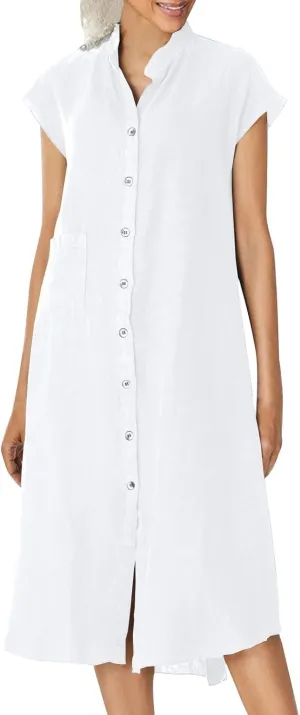 Women's Cotton Linen Dress Casual Button Up Cap Sleeve Loose Fit Long Dress Summer Fashion Comfort Lounge Sundress