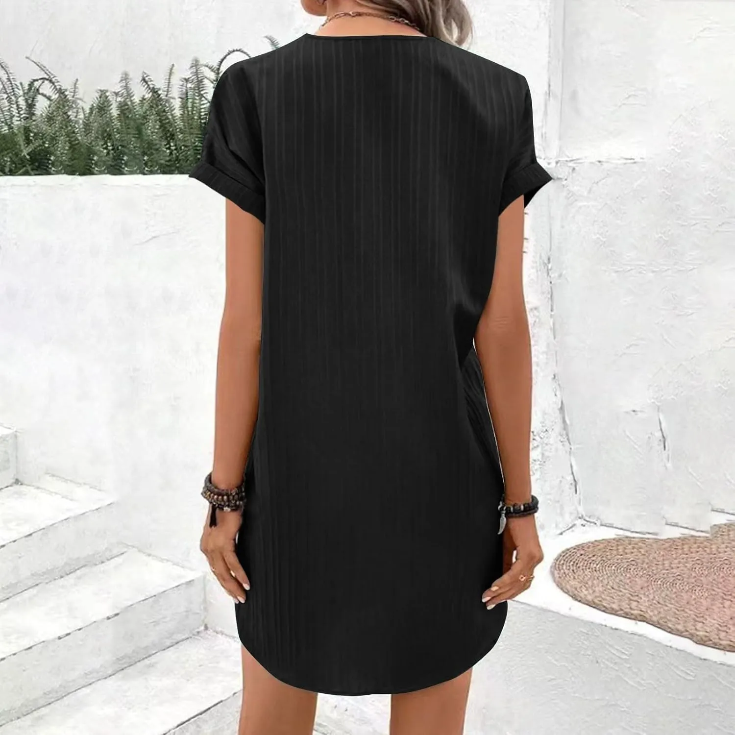 Womens Cotton Linen Dresses Button up V-Neck Short Sleeves T-Shirt Dresse Casual Fashion Plus Size Beach Sundress