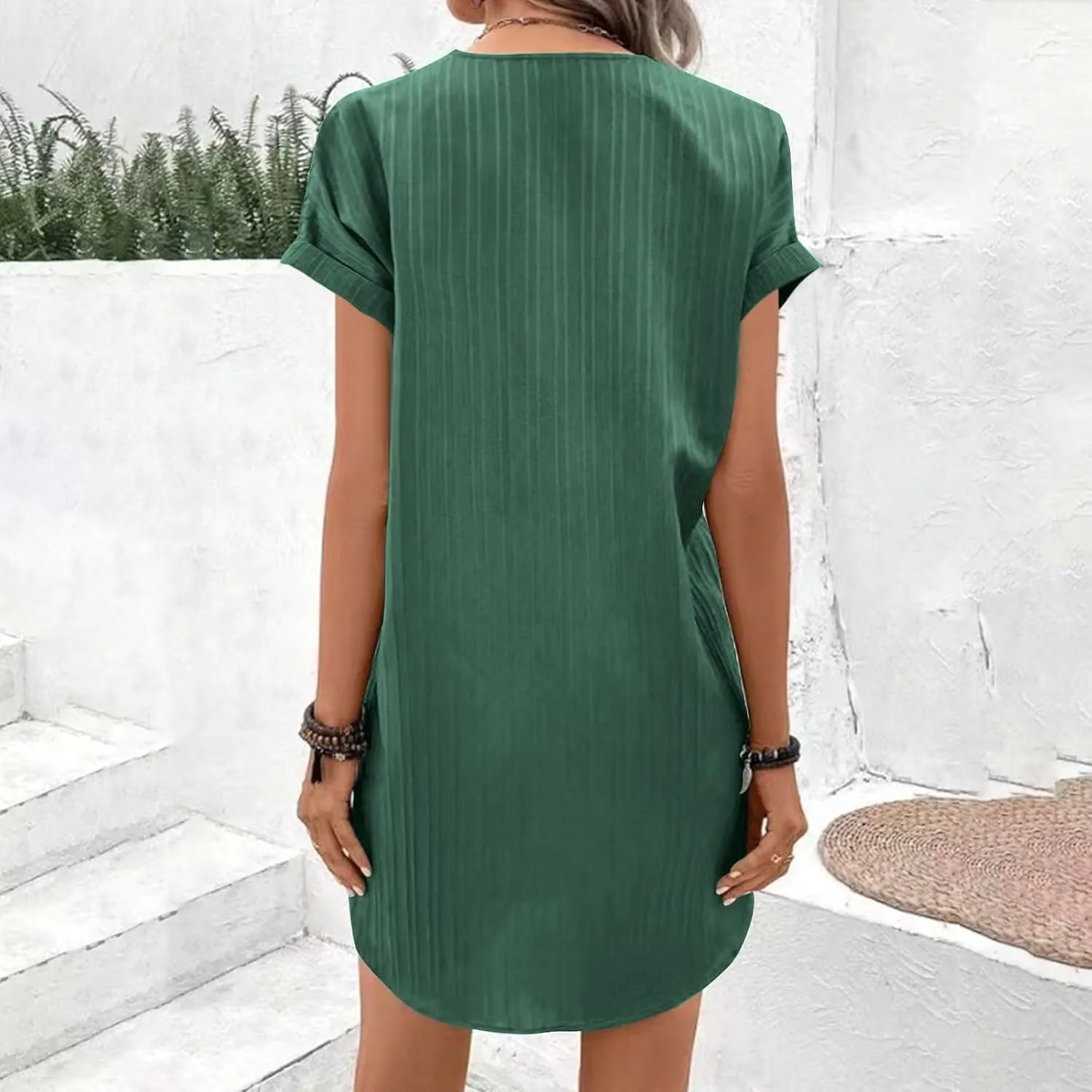 Womens Cotton Linen Dresses Button up V-Neck Short Sleeves T-Shirt Dresse Casual Fashion Plus Size Beach Sundress