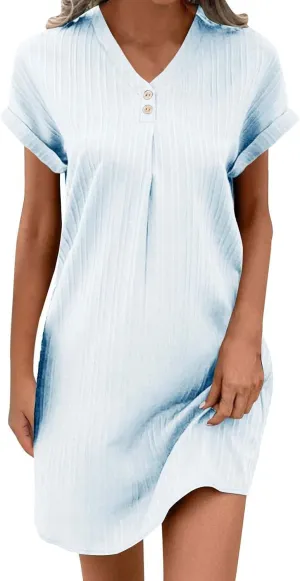 Womens Cotton Linen Dresses Button up V-Neck Short Sleeves T-Shirt Dresse Casual Fashion Plus Size Beach Sundress