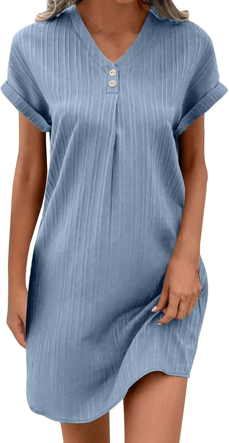 Womens Cotton Linen Dresses Button up V-Neck Short Sleeves T-Shirt Dresse Casual Fashion Plus Size Beach Sundress