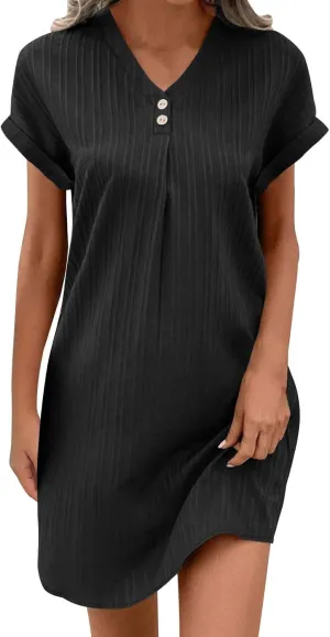 Womens Cotton Linen Dresses Button up V-Neck Short Sleeves T-Shirt Dresse Casual Fashion Plus Size Beach Sundress
