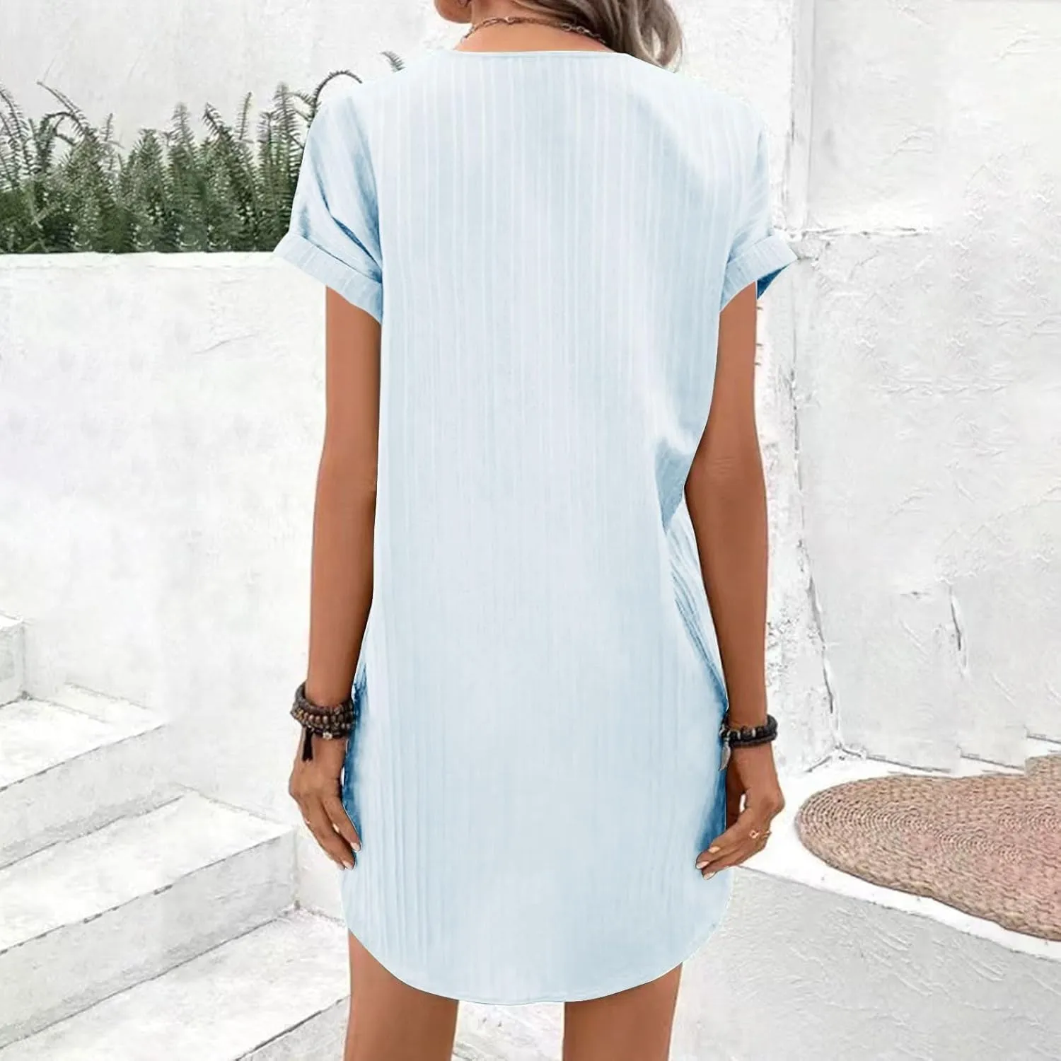Womens Cotton Linen Dresses Button up V-Neck Short Sleeves T-Shirt Dresse Casual Fashion Plus Size Beach Sundress