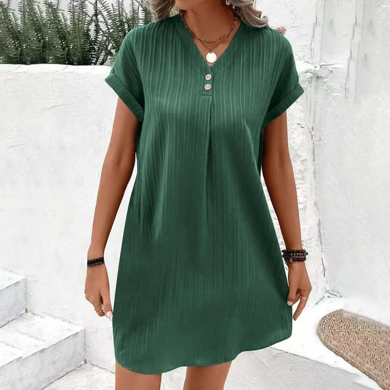 Womens Cotton Linen Dresses Button up V-Neck Short Sleeves T-Shirt Dresse Casual Fashion Plus Size Beach Sundress