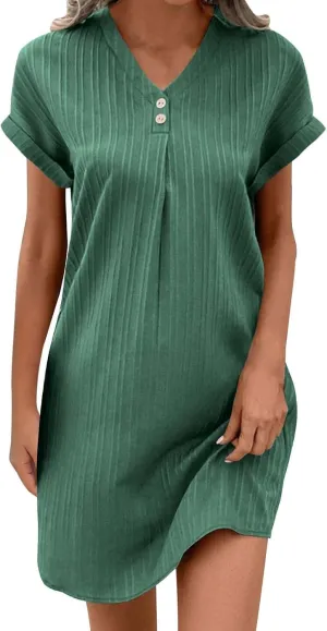 Womens Cotton Linen Dresses Button up V-Neck Short Sleeves T-Shirt Dresse Casual Fashion Plus Size Beach Sundress