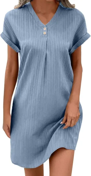 Womens Cotton Linen Dresses Button up V-Neck Short Sleeves T-Shirt Dresse Casual Fashion Plus Size Beach Sundress