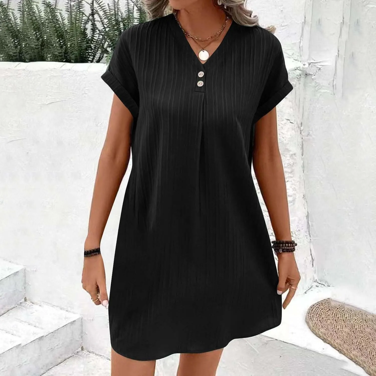 Womens Cotton Linen Dresses Button up V-Neck Short Sleeves T-Shirt Dresse Casual Fashion Plus Size Beach Sundress
