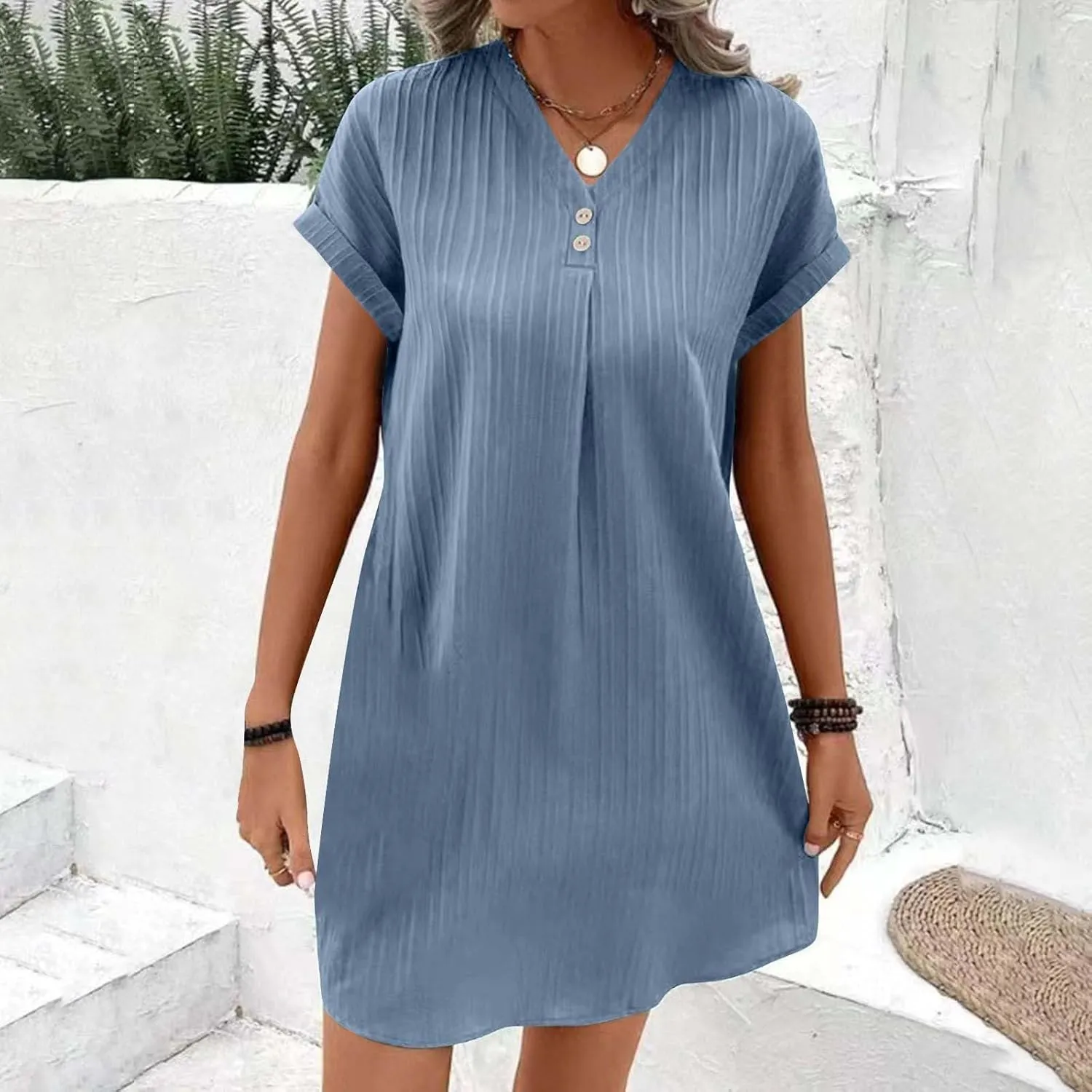 Womens Cotton Linen Dresses Button up V-Neck Short Sleeves T-Shirt Dresse Casual Fashion Plus Size Beach Sundress