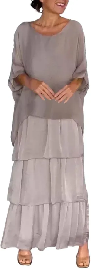 Women's Cotton Ruffle Tiered Oversized Half Sleeves Crew Neck Baggy Flowy Casual Maxi Dress Shirt Dresses with Pockets