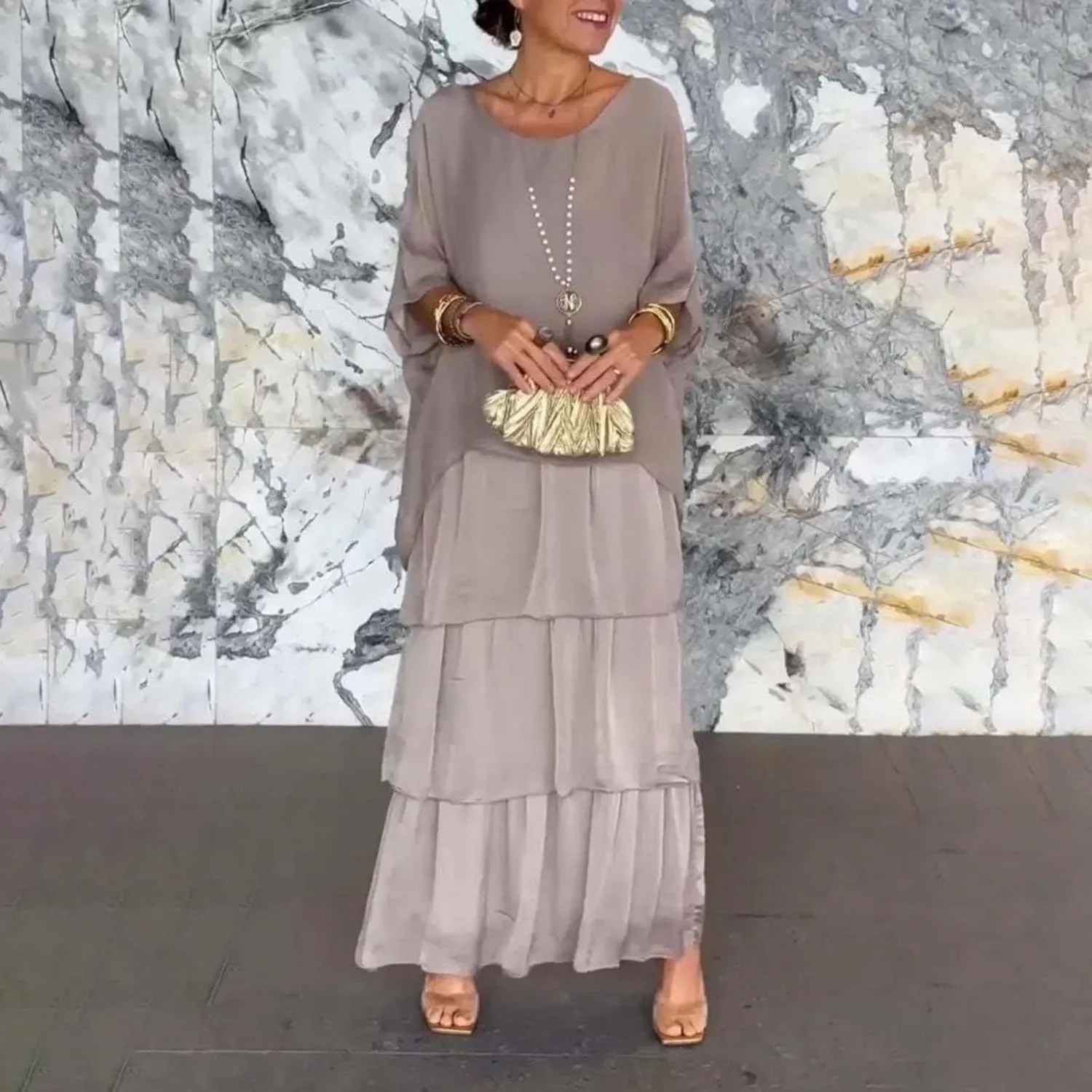 Women's Cotton Ruffle Tiered Oversized Half Sleeves Crew Neck Baggy Flowy Casual Maxi Dress Shirt Dresses with Pockets