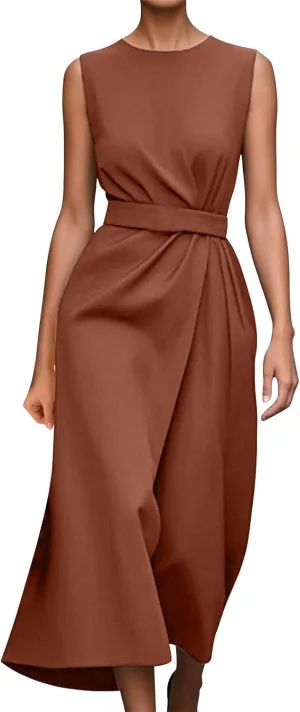 Women's Crew Neck Maxi Formal Dresses Elegant Sleeveless Wedding Guest Evening Party Dress Solid Color with Belt
