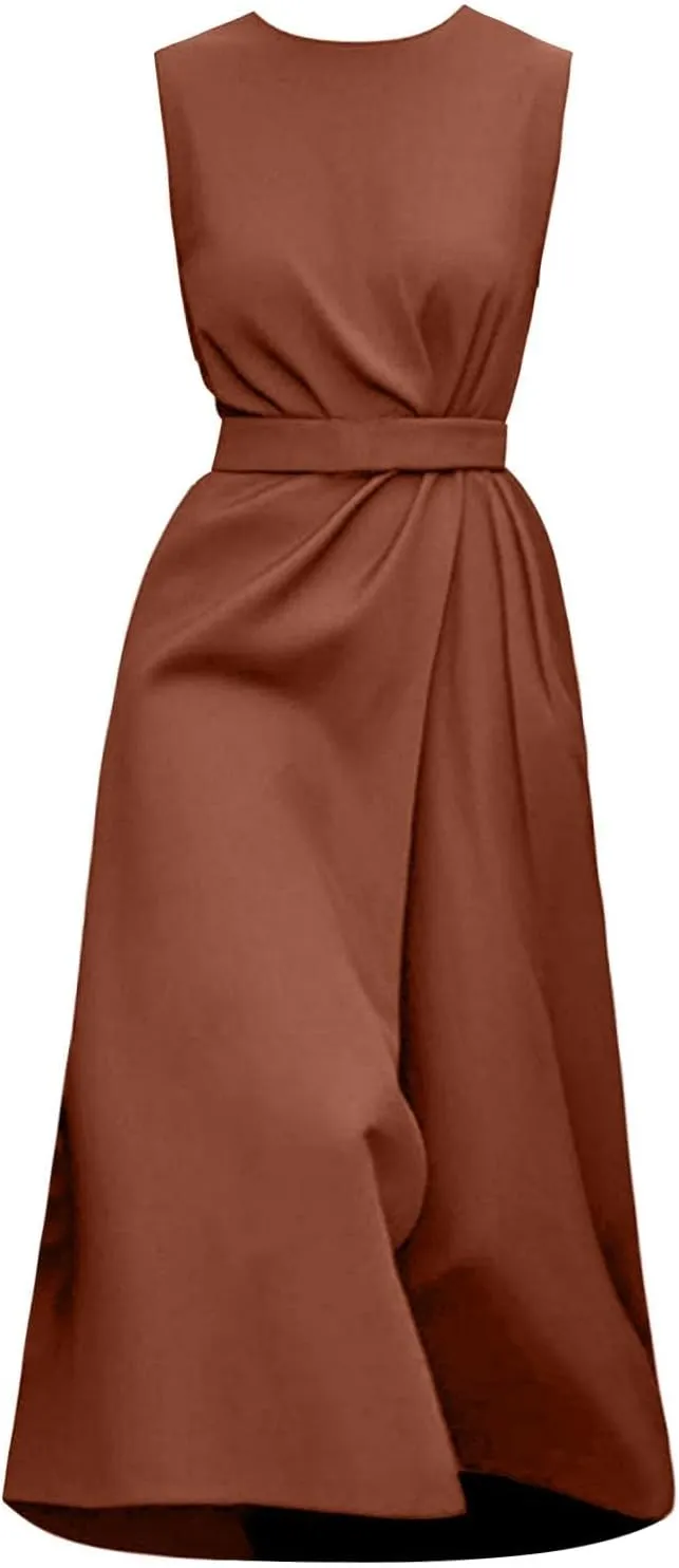 Women's Crew Neck Maxi Formal Dresses Elegant Sleeveless Wedding Guest Evening Party Dress Solid Color with Belt