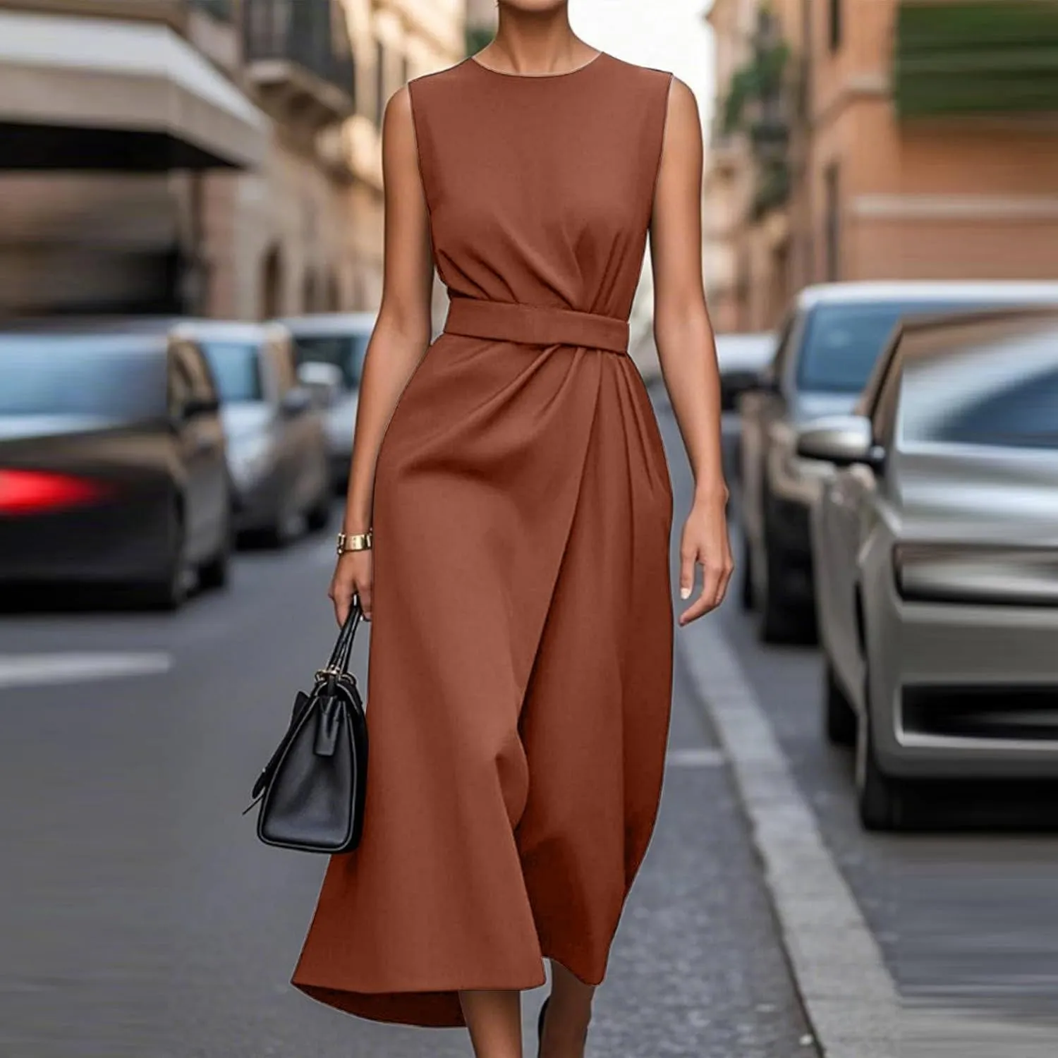 Women's Crew Neck Maxi Formal Dresses Elegant Sleeveless Wedding Guest Evening Party Dress Solid Color with Belt