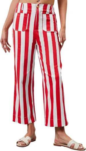 Womens Cropped Striped Jeans High Waisted Strechy Wide Leg Capri Jeans Straight Flare Ankle Denim Pants with Pockets