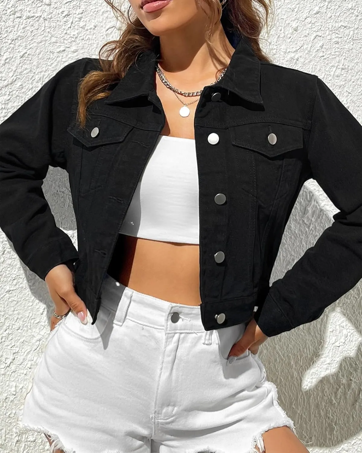 Women's Denim Jackets Cropped Long Sleeve Retro Washed Button Up Short Jean Jacket with Pockets