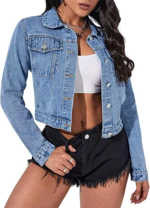 Women's Denim Jackets Cropped Long Sleeve Retro Washed Button Up Short Jean Jacket with Pockets