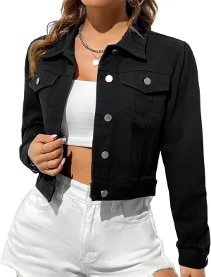 Women's Denim Jackets Cropped Long Sleeve Retro Washed Button Up Short Jean Jacket with Pockets