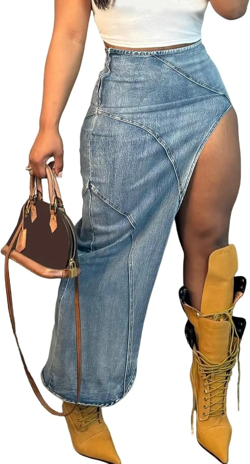 Women's Denim Skirt Casual High Waisted Asymmetrical Front Slit Frayed Hem Skirt A Line Maxi Cargo Jean Skirt Streetwear