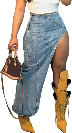 Women's Denim Skirt Casual High Waisted Asymmetrical Front Slit Frayed Hem Skirt A Line Maxi Cargo Jean Skirt Streetwear