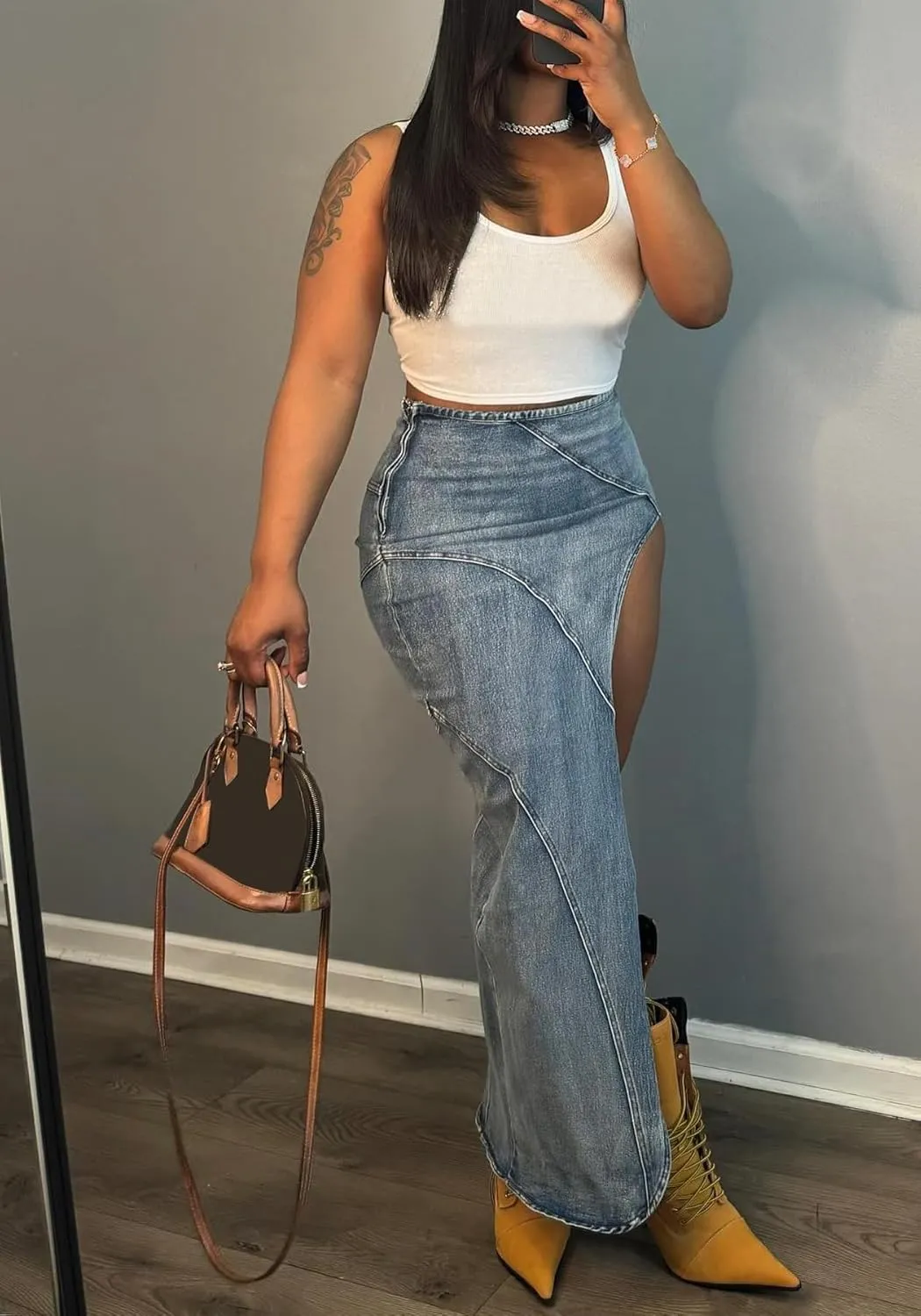 Women's Denim Skirt Casual High Waisted Asymmetrical Front Slit Frayed Hem Skirt A Line Maxi Cargo Jean Skirt Streetwear