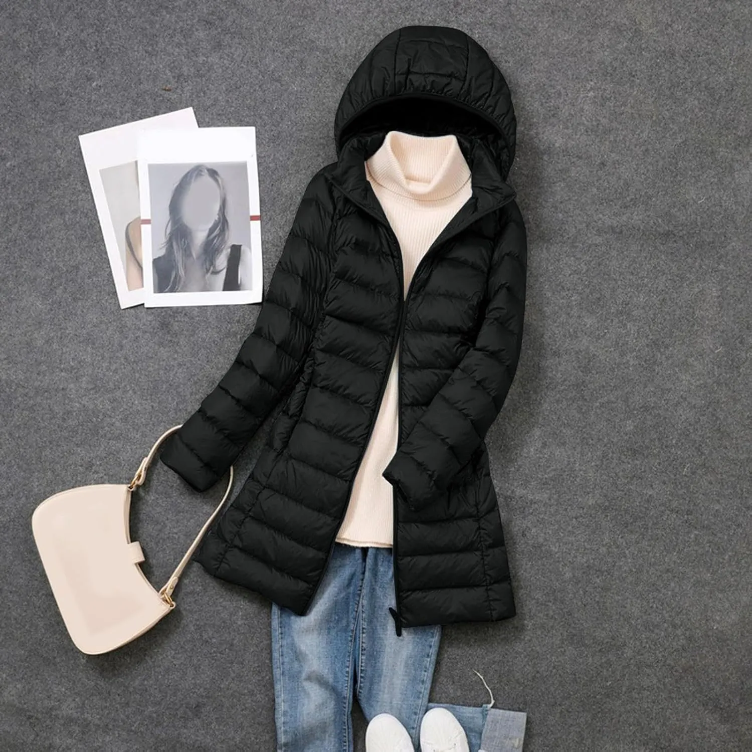 Women's Down Jacket Hooded Windproof Puffer Coat Packable Warm Winter Jacket Lightweight Ladies Parka Trendy Stand-up Collar