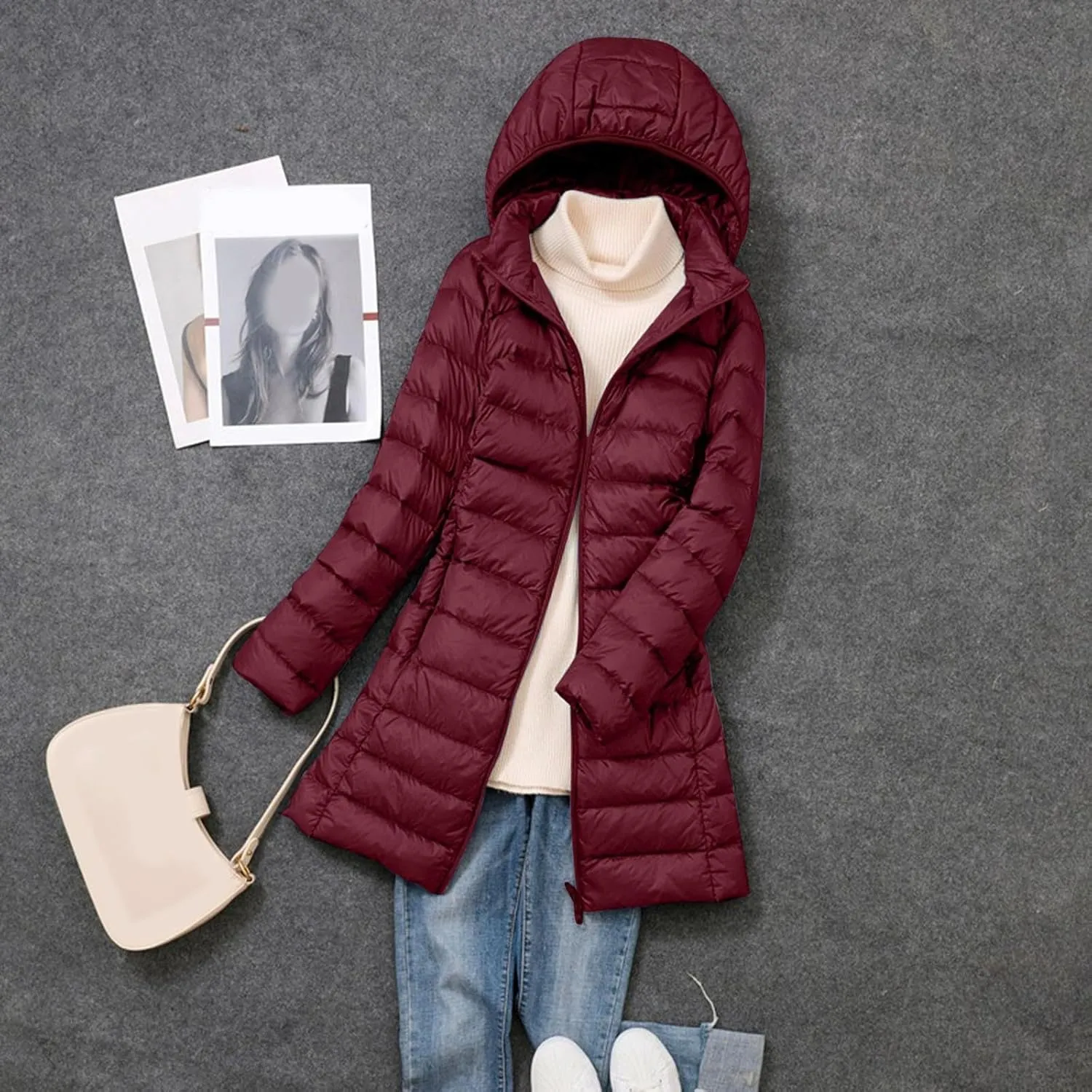 Women's Down Jacket Hooded Windproof Puffer Coat Packable Warm Winter Jacket Lightweight Ladies Parka Zipper Winter Autumn