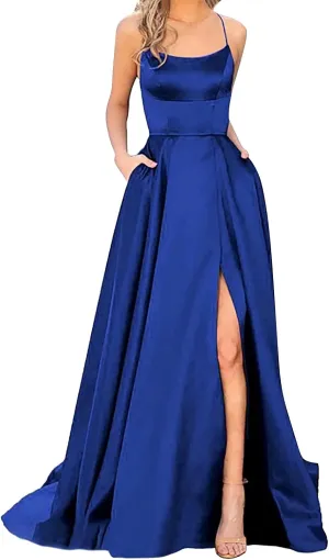 Women's Elegant Satin Evening Party Dress Sexy Off Shoulder Ball Gown Dress High Slit V-Neck Cocktail Dress