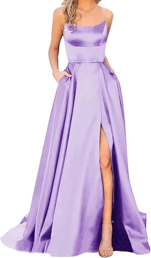 Women's Elegant Satin Evening Party Dress Sexy Off Shoulder Ball Gown Dress High Slit V-Neck Cocktail Dress