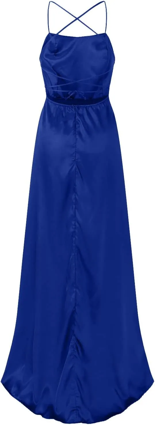 Women's Elegant Satin Evening Party Dress Sexy Off Shoulder Ball Gown Dress High Slit V-Neck Cocktail Dress