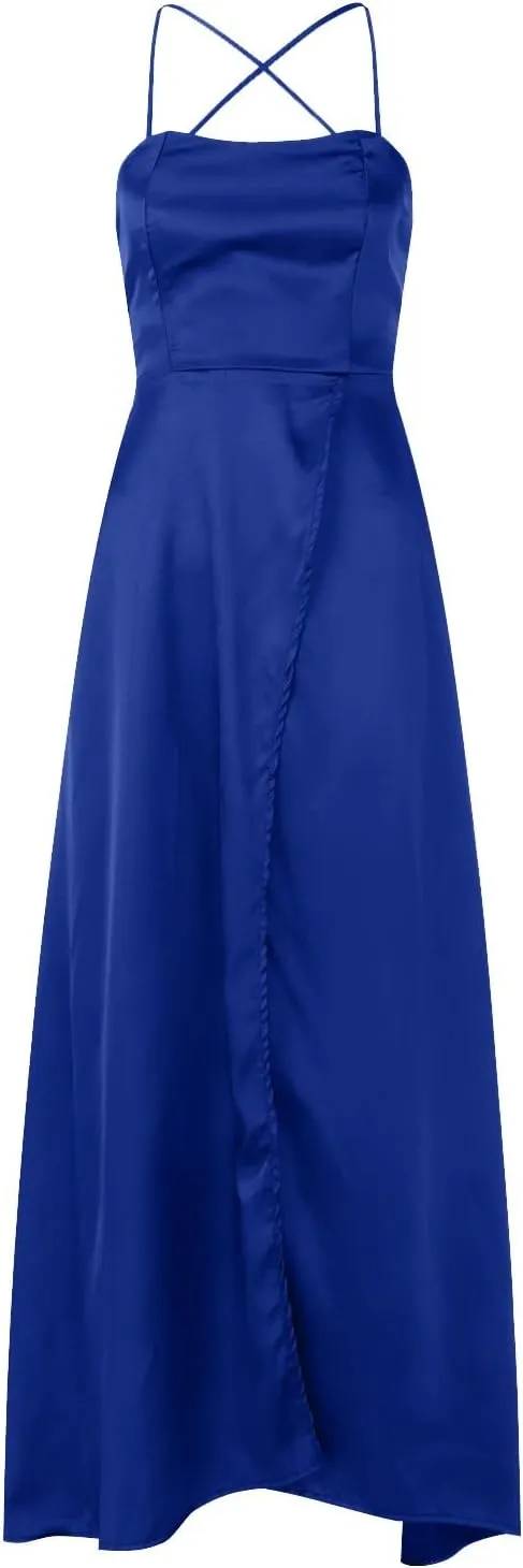 Women's Elegant Satin Evening Party Dress Sexy Off Shoulder Ball Gown Dress High Slit V-Neck Cocktail Dress