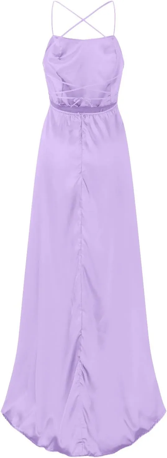 Women's Elegant Satin Evening Party Dress Sexy Off Shoulder Ball Gown Dress High Slit V-Neck Cocktail Dress