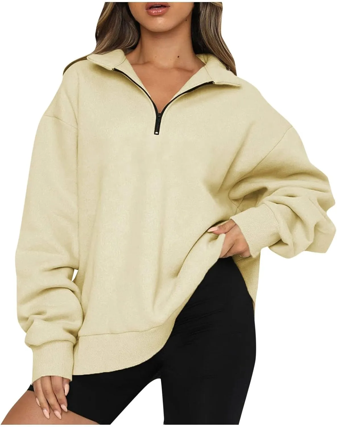 Women's Fall Fashion Long Sleeve Solid Color Zipper Sweatshirt Stretch Sweatshirt Top