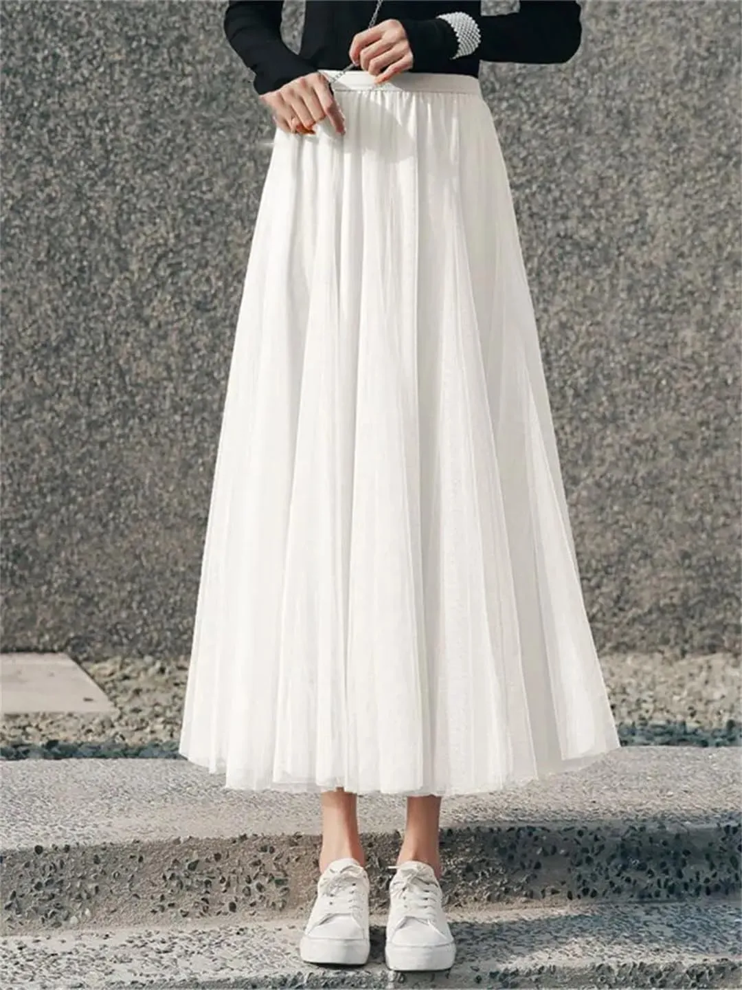 Women's Fashion Summer Elegant Mesh Skirt Spring Boho Korean High Waist Pleated Midi Skirts