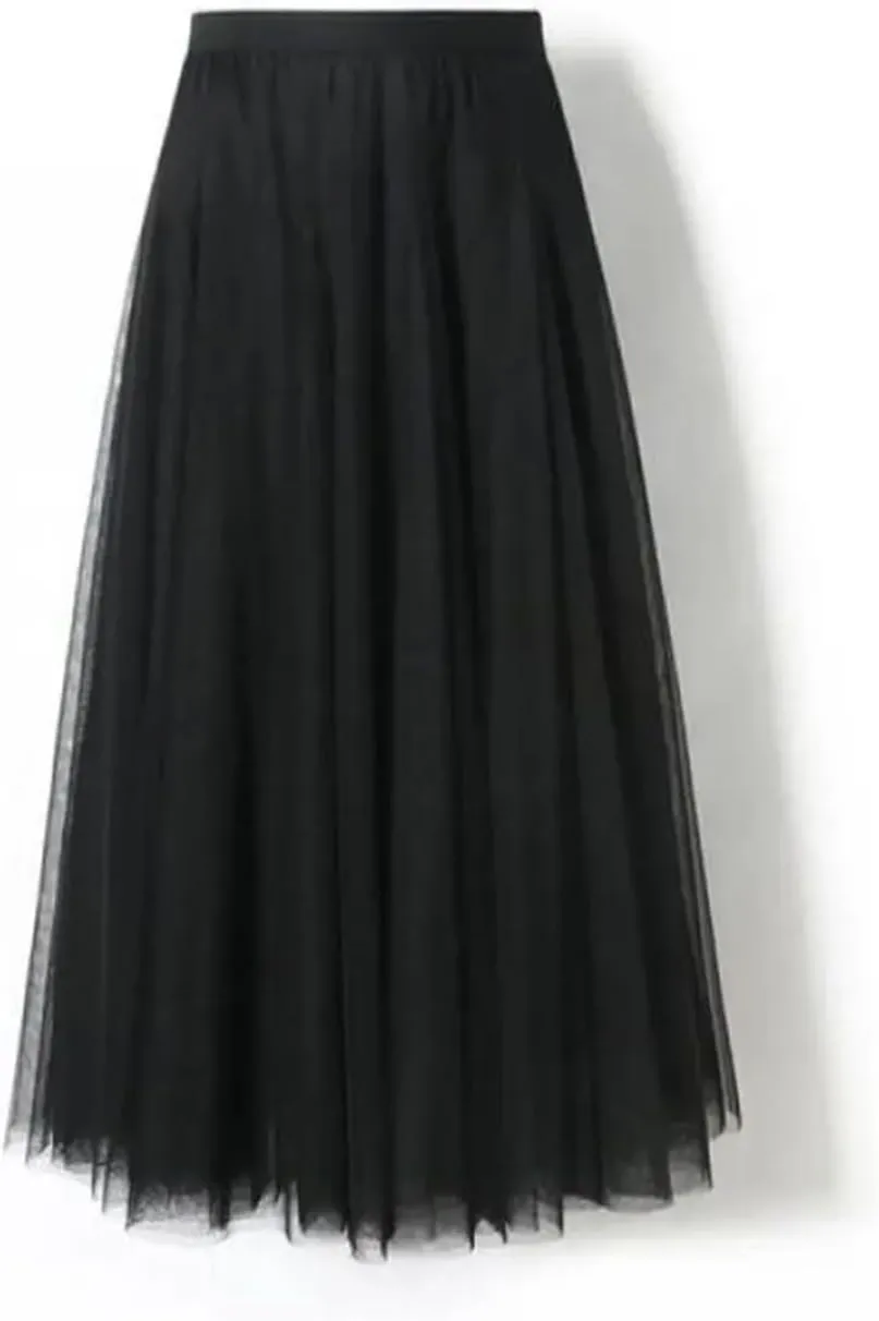 Women's Fashion Summer Elegant Mesh Skirt Spring Boho Korean High Waist Pleated Midi Skirts