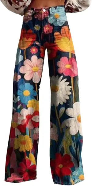 Womens Flare Jeans Wide Leg Pant Vintage Floral Printed High Waisted Straight Stretch Pants Colorful Trouser Jeans