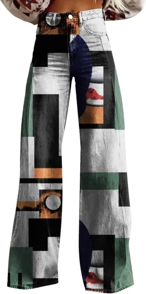 Womens Flare Jeans Wide Leg Pant Vintage Floral Printed High Waisted Straight Stretch Pants Colorful Trouser Jeans