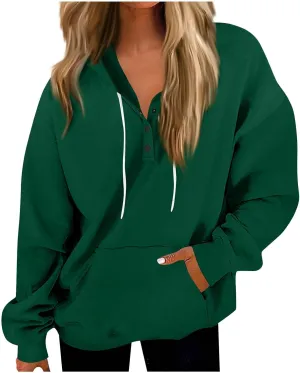 Womens Fleece Button Oversized Sweatshirt Drawstring Lightweight Baggy Hoodie Drop Shoulder Hooded Pullover w/Pockets