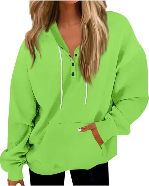 Womens Fleece Button Oversized Sweatshirt Drawstring Lightweight Baggy Hoodie Drop Shoulder Hooded Pullover w/Pockets