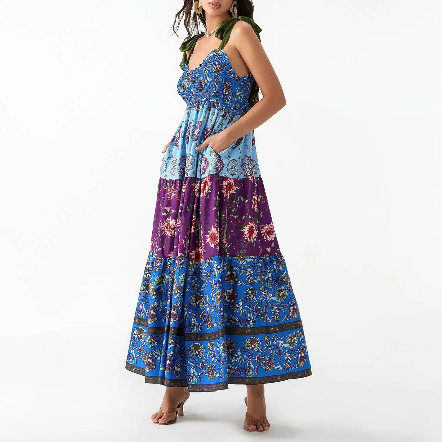 Women's Floral Maxi Dress Shoulder Tie Strap Backless Tiered A-Line Flowy Boho Dresses Cute Summer Long Sundress