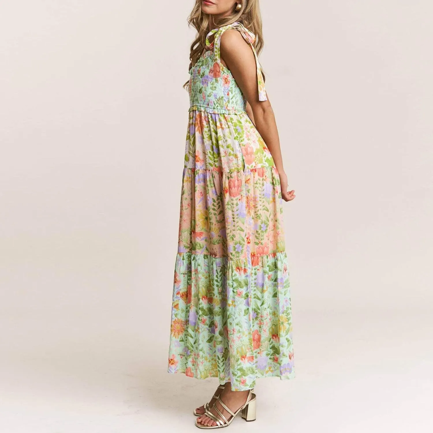 Women's Floral Maxi Dress Shoulder Tie Strap Backless Tiered A-Line Flowy Boho Dresses Cute Summer Long Sundress