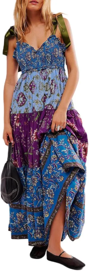 Women's Floral Maxi Dress Shoulder Tie Strap Backless Tiered A-Line Flowy Boho Dresses Cute Summer Long Sundress