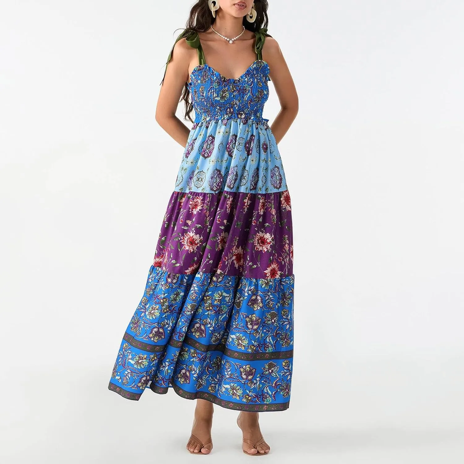 Women's Floral Maxi Dress Shoulder Tie Strap Backless Tiered A-Line Flowy Boho Dresses Cute Summer Long Sundress