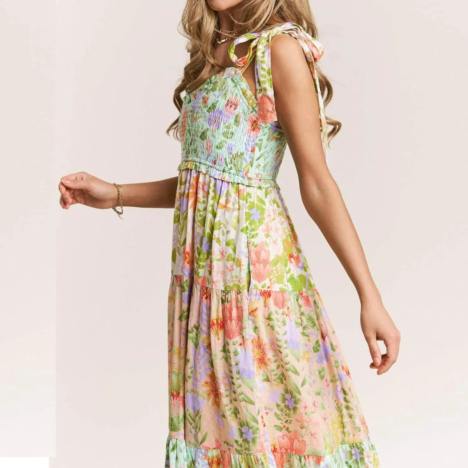 Women's Floral Maxi Dress Shoulder Tie Strap Backless Tiered A-Line Flowy Boho Dresses Cute Summer Long Sundress